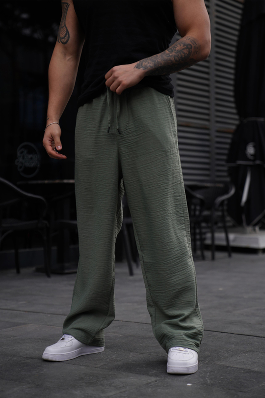 KETEN PANTOLONHaki Keten İçten Bağcıklı Bol Kalıp Pantolon VMS 30336