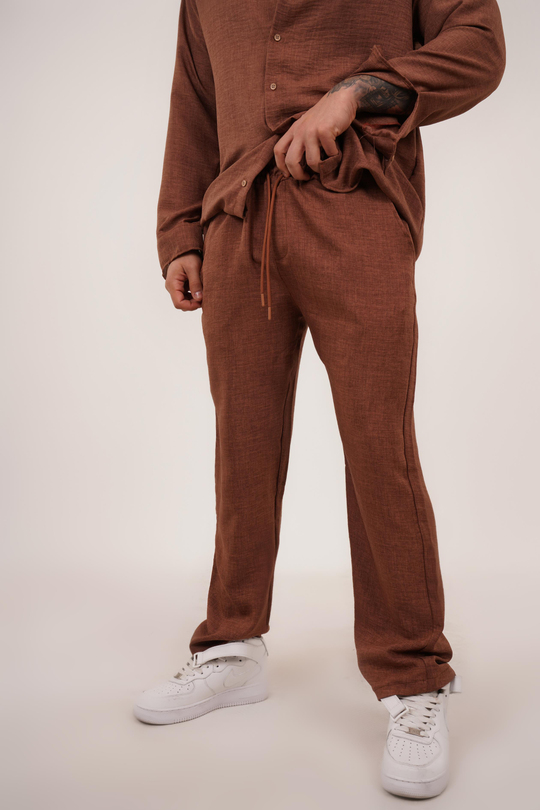 KETEN PANTOLONKahve Bol Bağcıklı Keten Pantalon TK 1019