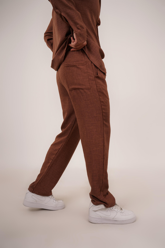 KETEN PANTOLONKahve Bol Bağcıklı Keten Pantalon TK 1019