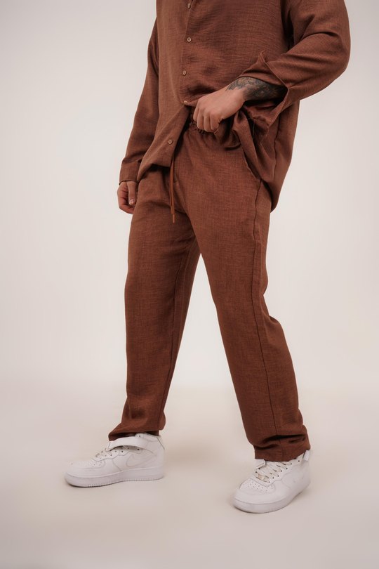 KETEN PANTOLONKahve Bol Bağcıklı Keten Pantalon TK 1019