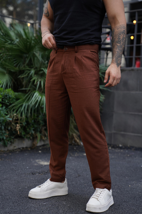 KETEN PANTOLONKahve Boyfriend Pamuk Keten pantolon SNZ 3915