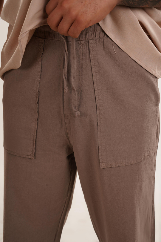 KETEN PANTOLONKahve Dikdörtgen Cepli Bağcıklı Keten Pantolon VMS 40661