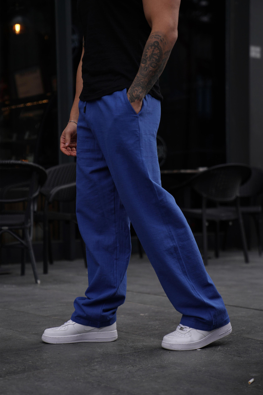 KETEN PANTOLONSaksmavi Keten İçten Bağcıklı Bol Kalıp Pantolon VMS 30336