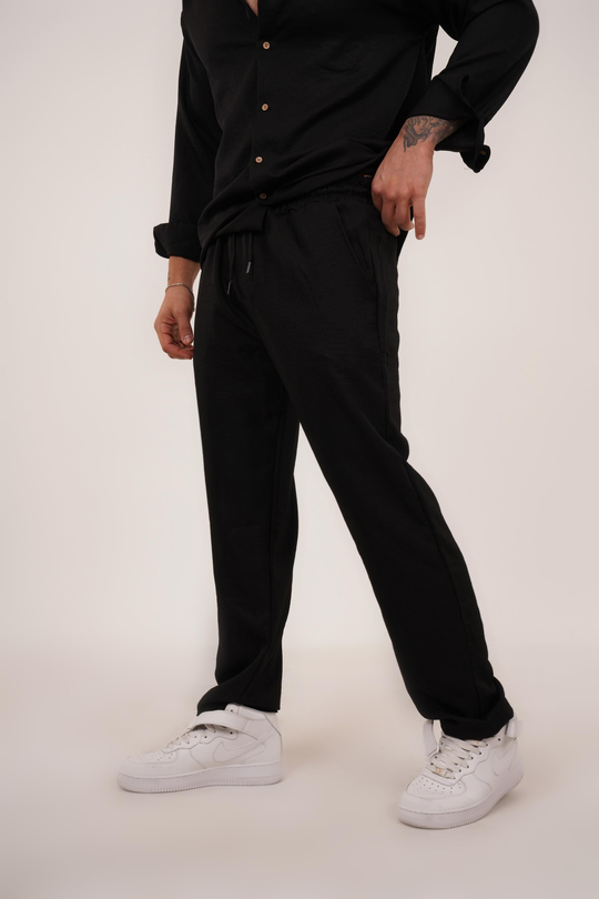 KETEN PANTOLONSiyah Bol Bağcıklı Keten Pantalon TK 1019