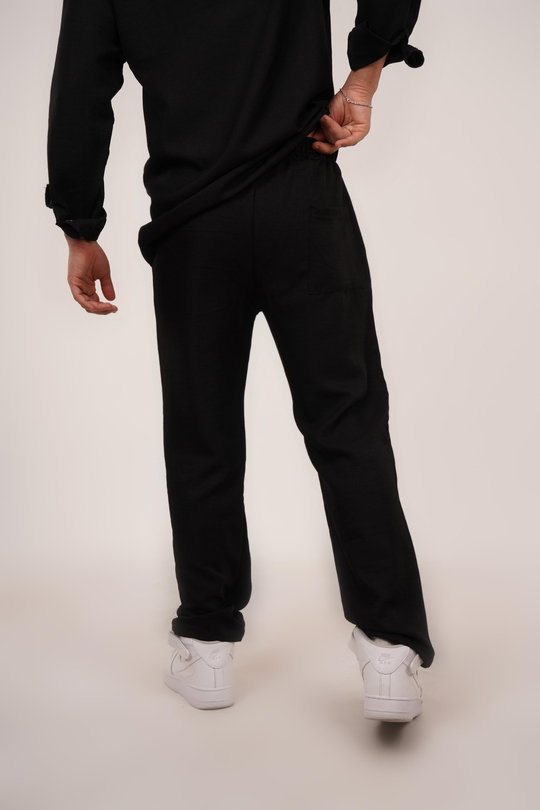 KETEN PANTOLONSiyah Bol Bağcıklı Keten Pantalon TK 1019
