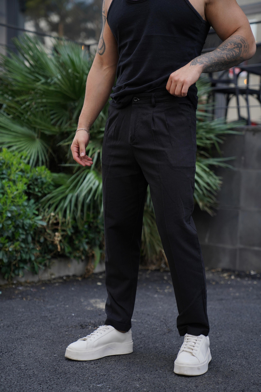 KETEN PANTOLONSiyah Boyfriend Pamuk Keten pantolon SNZ 3915