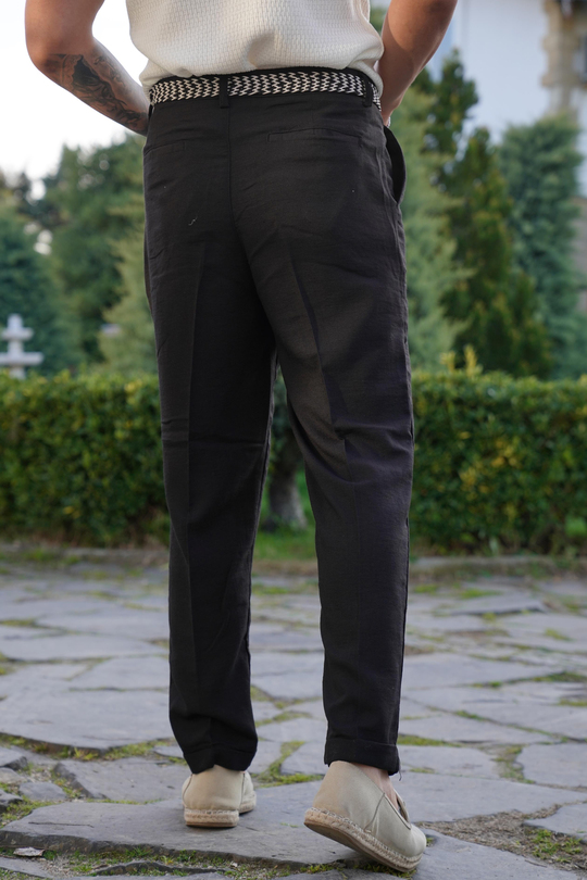 KETEN PANTOLONSiyah Hasır Kemerli Duble Boru Paça Keten Pantolon SNZ 3890