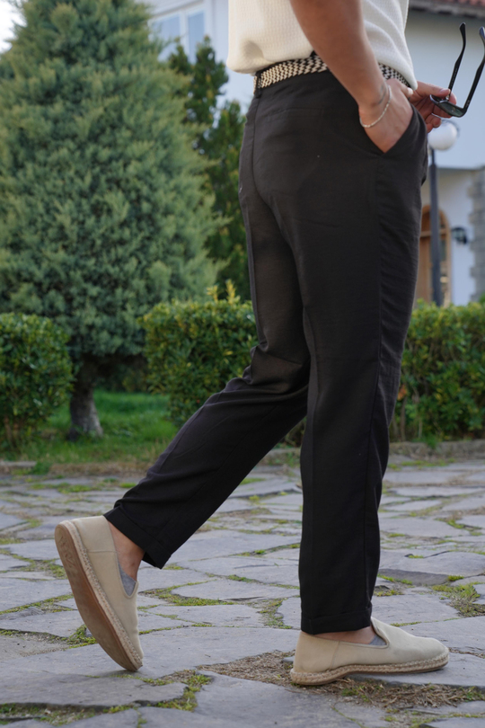 KETEN PANTOLONSiyah Hasır Kemerli Duble Boru Paça Keten Pantolon SNZ 3890