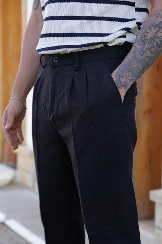 KETEN PANTOLONSiyah Old Money İthal Kumaş Duble Boru Paça Pantolon SNZ 3900