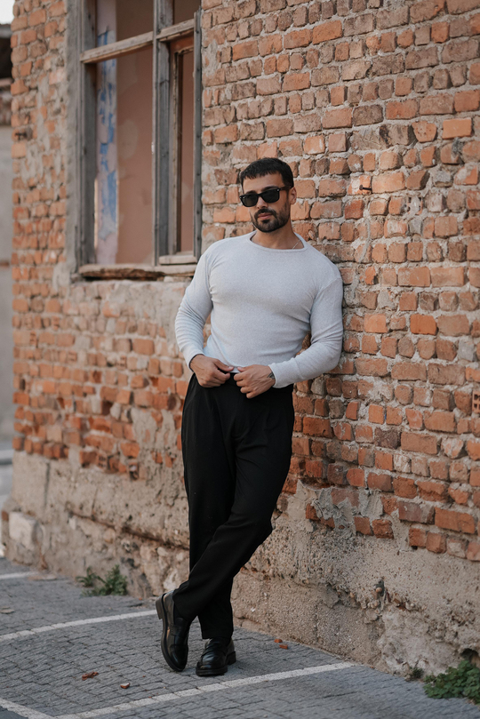 KIŞLIK KLASİK KOMBİNLERGri Selanik Kaşkorse Bisiklet Yaka SC, Siyah Tokalı Duble Paça Kumaş Pantolon W11 5035