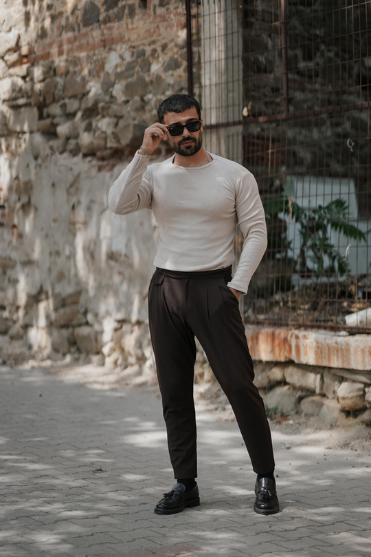 KIŞLIK KLASİK KOMBİNLERKrem Selanik Kaşkorse Bisiklet Yaka SC, Kahve Tokalı Duble Paça Kumaş Pantolon W11 5035