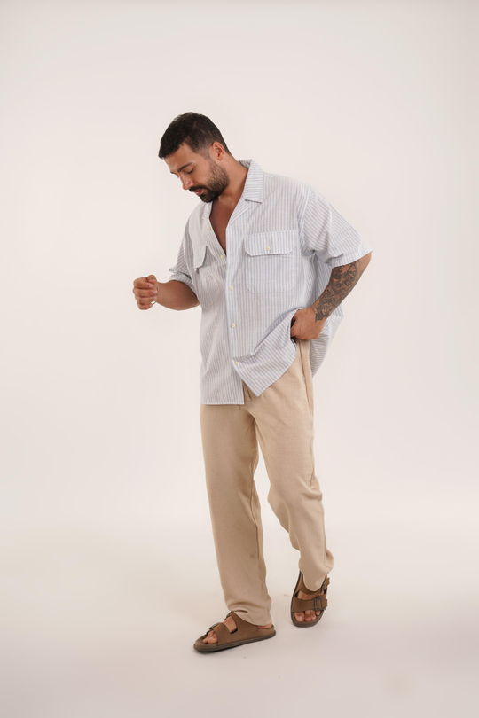 KOMBİNBebemavi Dik Çizgili Çift Cepli Keten Gömlek VMS 40438, Bej Keten Baggy Pantolon KNG KOMBİN