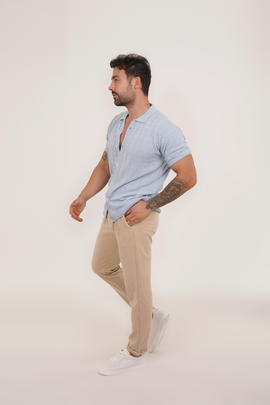 KOMBİNBebemavi Triko Desenli Gömlek TB, Krem Diagonel Bel Lastik Pant Tk KOMBİN
