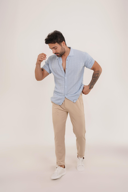 KOMBİNBebemavi Triko Desenli Gömlek TB, Krem Diagonel Bel Lastik Pant Tk KOMBİN