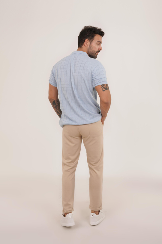 KOMBİNBebemavi Triko Desenli Gömlek TB, Krem Diagonel Bel Lastik Pant Tk KOMBİN