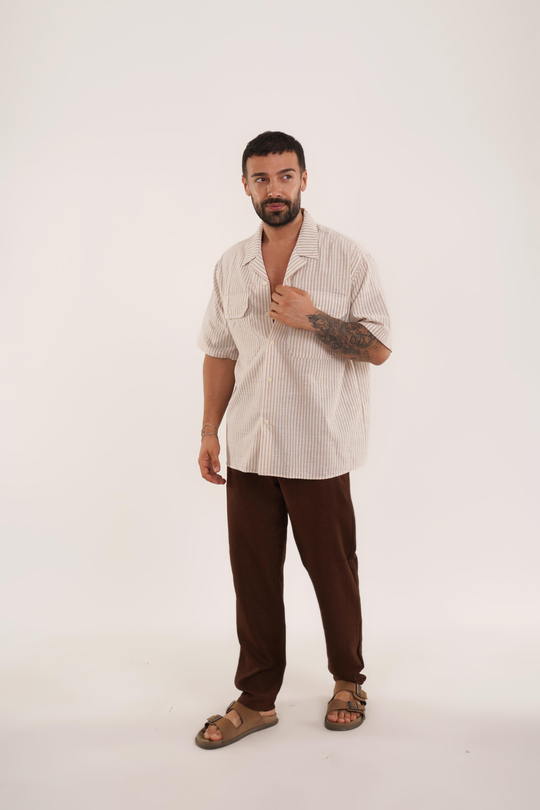 KOMBİNBej Dik Çizgili Çift Cepli Keten Gömlek VMS 40438, Kahve Keten Baggy Pantolon KNG KOMBİN