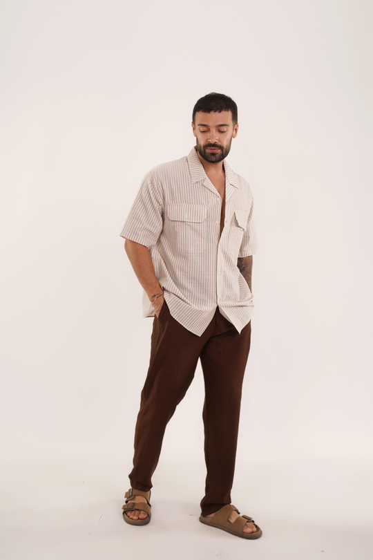 KOMBİNBej Dik Çizgili Çift Cepli Keten Gömlek VMS 40438, Kahve Keten Baggy Pantolon KNG KOMBİN