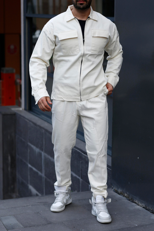 KOMBİNBej Gabardin Çift Göğüs Cepli Fermuarlı Gömlek , Bej Gabardin Double Paça İtalian Pantalon SNZ8353