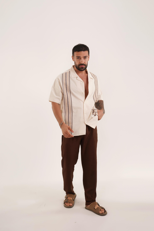 KOMBİNBej Nakış Desenli Keten Gömlek VMS, Kahve Keten Baggy Pantolon KNG KOMBİN