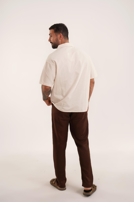 KOMBİNBej Nakış Desenli Keten Gömlek VMS, Kahve Keten Baggy Pantolon KNG KOMBİN