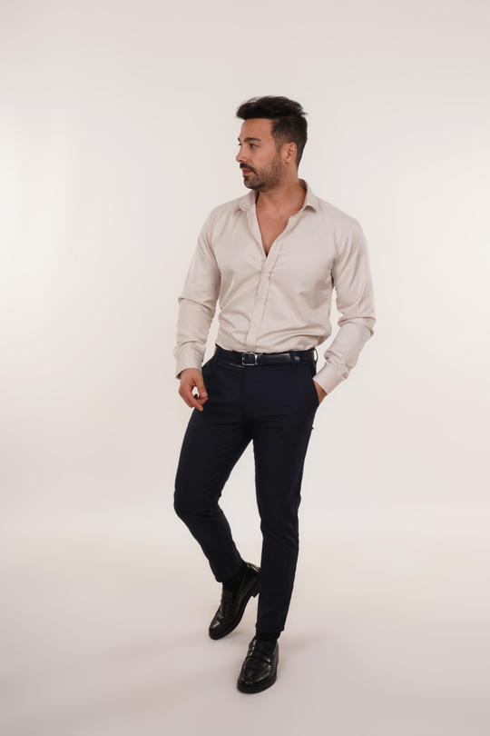 KOMBİNBej Slim Fit Klasik Düz Gömlek, Lacivert Kumaş Pantolon Slim Fit PLT 011