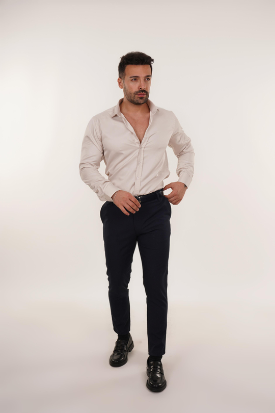 KOMBİNBej Slim Fit Klasik Düz Gömlek, Lacivert Kumaş Pantolon Slim Fit PLT 011