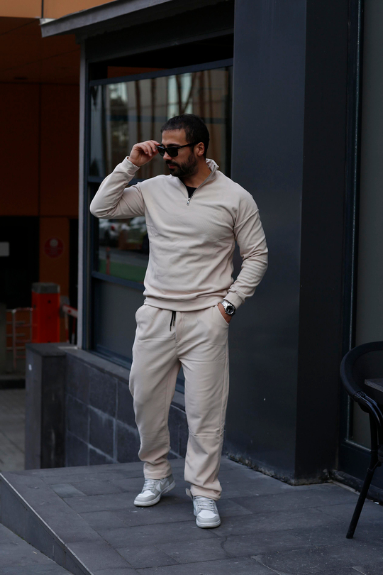 KOMBİNBej Yarım Fermuarlı Ottoman Sweatshirt, Krem 3 İplik Şardonlu Baggy Eşofman KOMBİN
