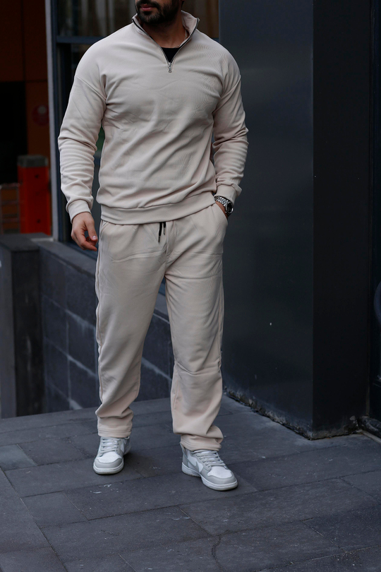 KOMBİNBej Yarım Fermuarlı Ottoman Sweatshirt, Krem 3 İplik Şardonlu Baggy Eşofman KOMBİN