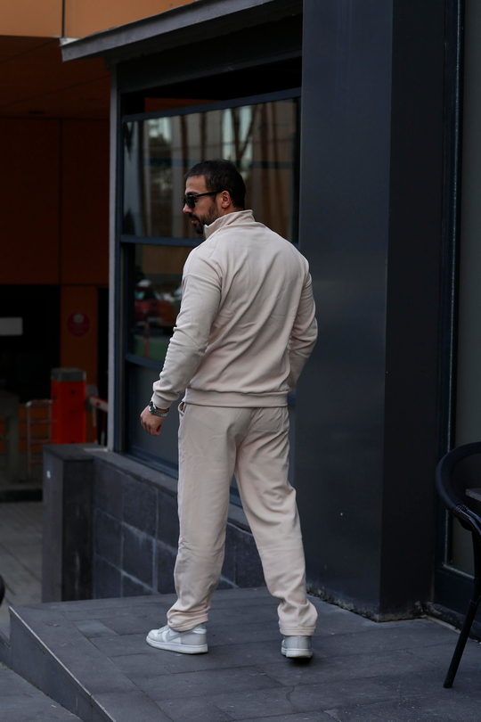 KOMBİNBej Yarım Fermuarlı Ottoman Sweatshirt, Krem 3 İplik Şardonlu Baggy Eşofman KOMBİN