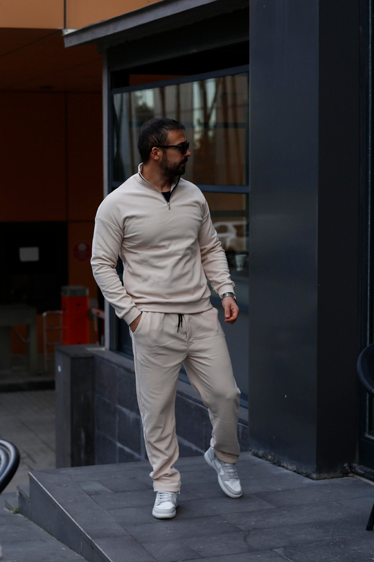 KOMBİNBej Yarım Fermuarlı Ottoman Sweatshirt, Krem 3 İplik Şardonlu Baggy Eşofman KOMBİN