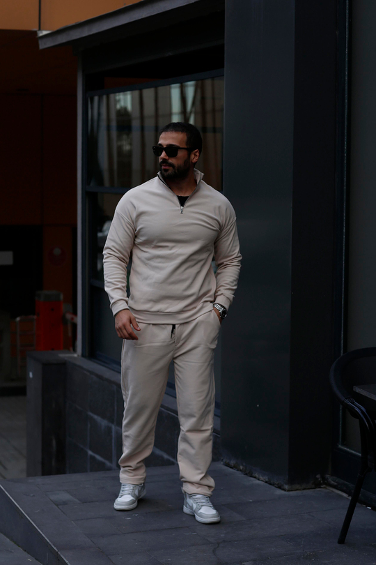 KOMBİNBej Yarım Fermuarlı Ottoman Sweatshirt, Krem 3 İplik Şardonlu Baggy Eşofman KOMBİN