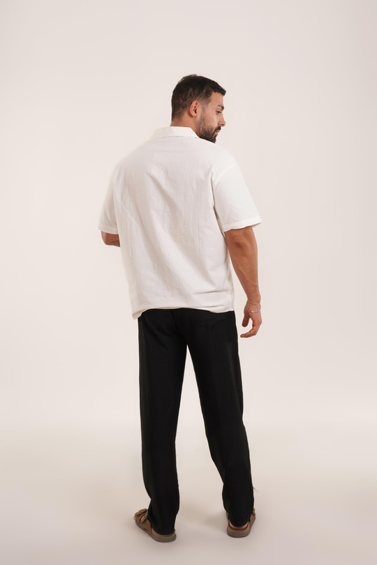 KOMBİNBeyaz Nakış Desenli Keten Gömlek VMS, Siyah Keten Baggy Pantolon KNG KOMBİN