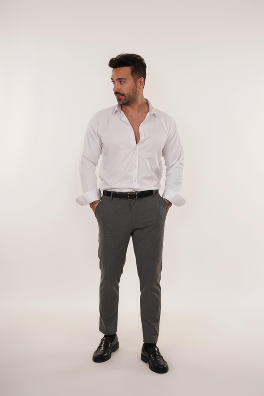 KOMBİNBeyaz Slim Fit Klasik Düz Gömlek, Antrasit Kumaş Pantolon Slim Fit PLT 011