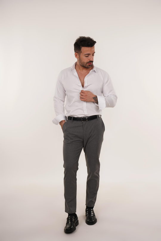 KOMBİNBeyaz Slim Fit Klasik Düz Gömlek, Antrasit Kumaş Pantolon Slim Fit PLT 011
