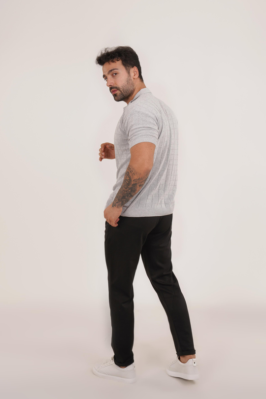 KOMBİNGri Triko Desenli Gömlek TB, Siyah Diagonel Bel Lastik Pant Tk KOMBİN