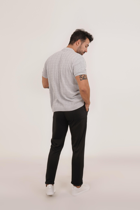 KOMBİNGri Triko Desenli Gömlek TB, Siyah Diagonel Bel Lastik Pant Tk KOMBİN