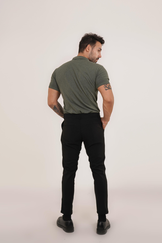 KOMBİNHaki Düz Polo Yaka Triko SC, Siyah Slim Fit Kumaş Pantolon KOMBİN