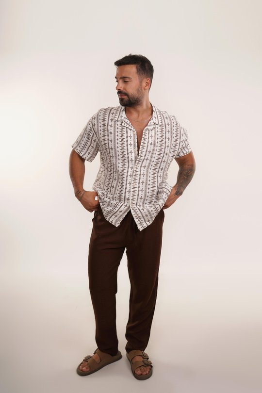 KOMBİNKahve Etnik Desen Oversize Keten Gömlek EST E70174 , Kahve Keten Pantolon TK KOMBİN