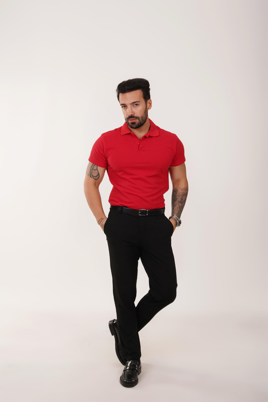 KOMBİNKırmızı Polo Yaka, Siyah Kumaş Pantolon Slim Fit PLT 011 SC0001