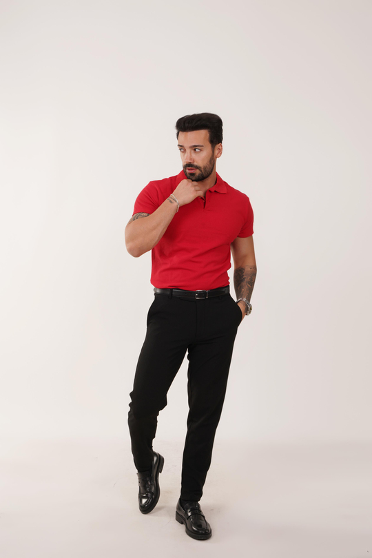 KOMBİNKırmızı Polo Yaka, Siyah Kumaş Pantolon Slim Fit PLT 011 SC0001