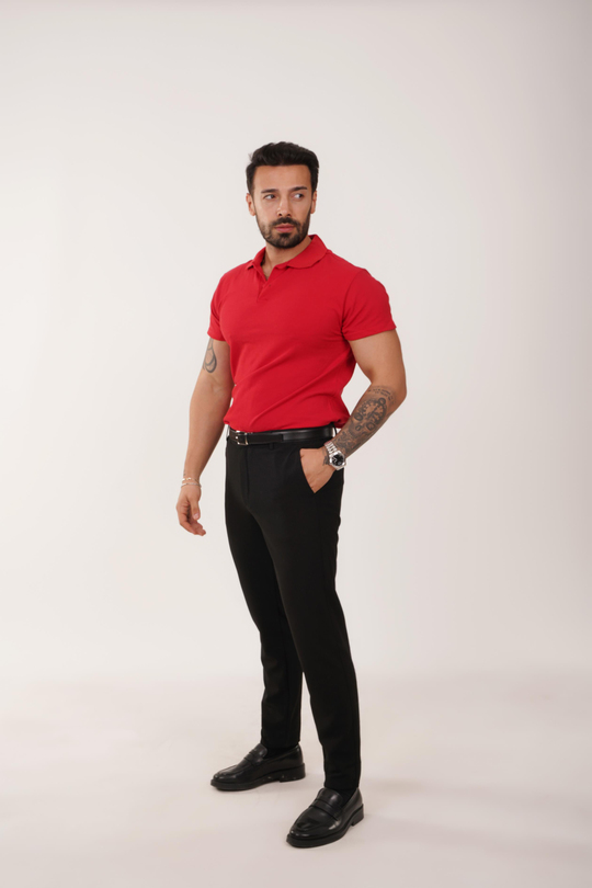 KOMBİNKırmızı Polo Yaka, Siyah Kumaş Pantolon Slim Fit PLT 011 SC0001