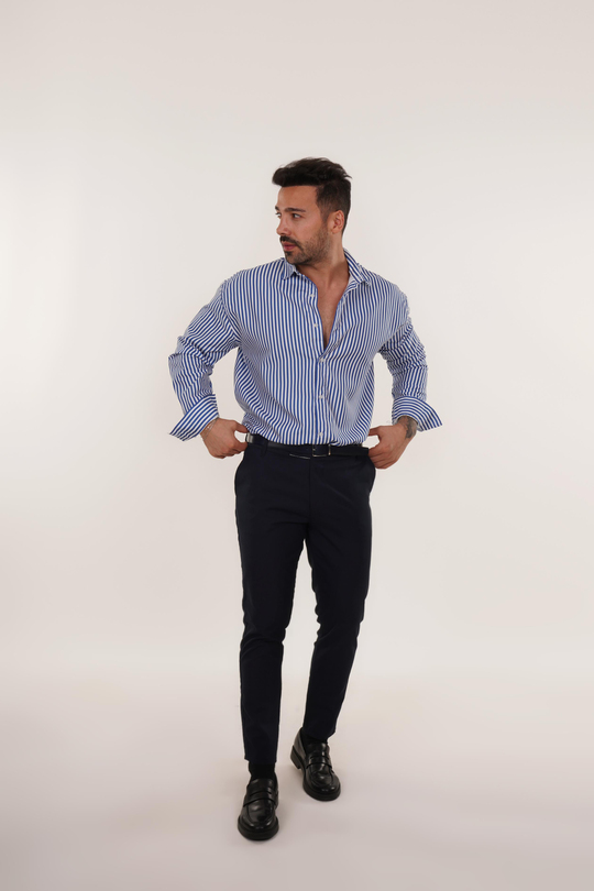 KOMBİNMavi Poplin Çizgili Gömlek , Lacivert Kumaş Pantolon Slim Fit KOMBİN