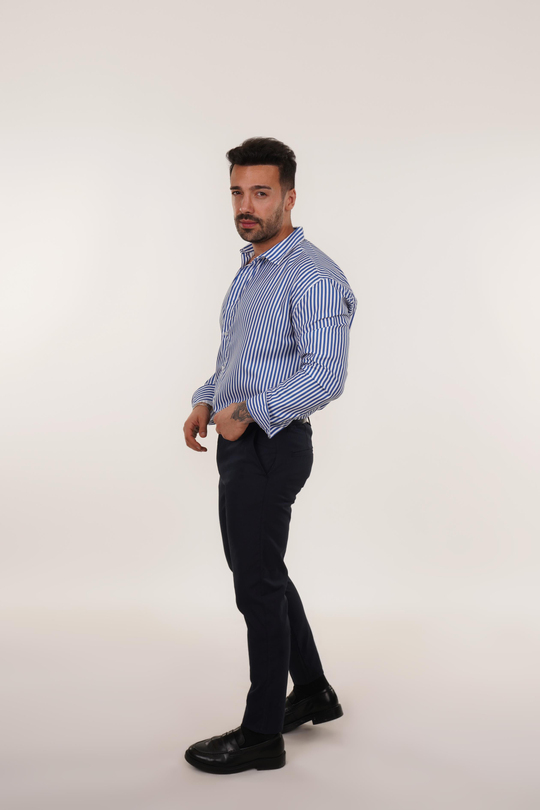 KOMBİNMavi Poplin Çizgili Gömlek , Lacivert Kumaş Pantolon Slim Fit KOMBİN