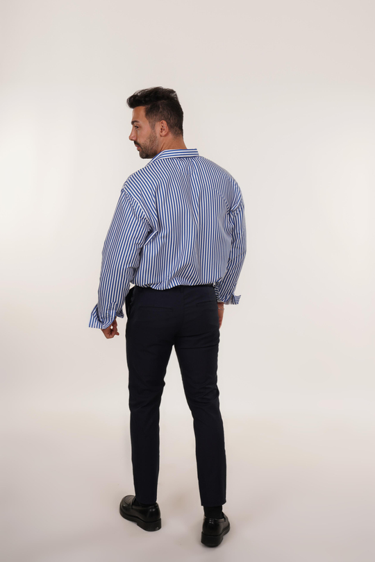KOMBİNMavi Poplin Çizgili Gömlek , Lacivert Kumaş Pantolon Slim Fit KOMBİN