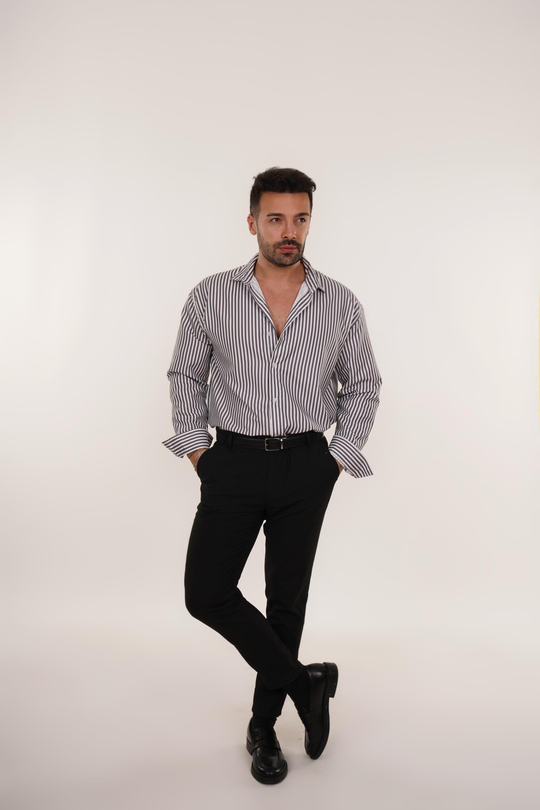 KOMBİNSiyah Poplin Çizgili Gömlek , Siyah Kumaş Pantolon Slim Fit KOMBİN