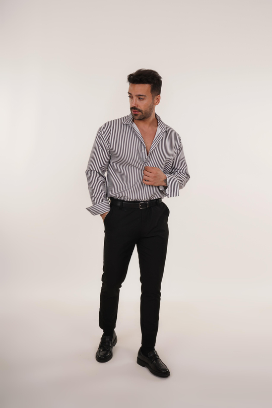 KOMBİNSiyah Poplin Çizgili Gömlek , Siyah Kumaş Pantolon Slim Fit KOMBİN