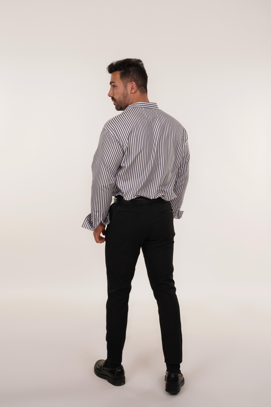 KOMBİNSiyah Poplin Çizgili Gömlek , Siyah Kumaş Pantolon Slim Fit KOMBİN