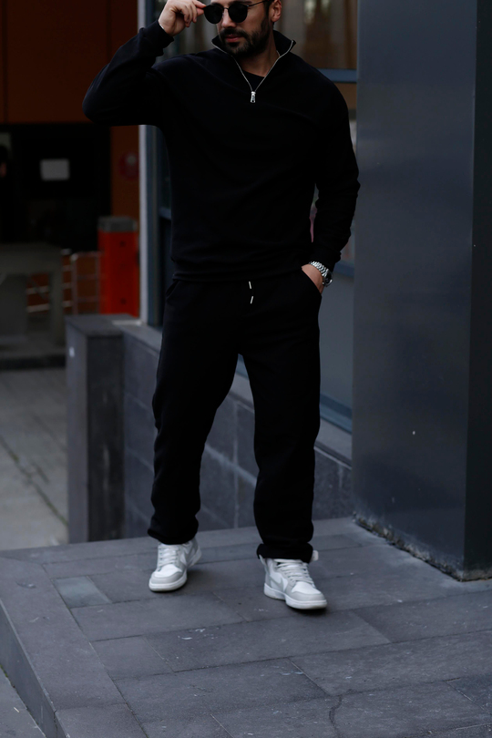 KOMBİNSiyah Yarım Fermuarlı Ottoman Sweatshirt, Siyah 3 İplik Şardonlu Baggy Eşofman KOMBİN