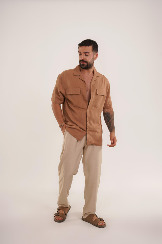 KOMBİNTaba Çift Cepli Keten Gömlek VMS 30258, Bej Keten Baggy Pantolon KNG KOMBİN