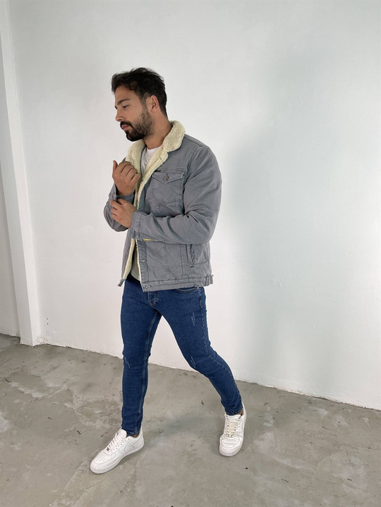 KOT CEKETErkek Gri İçi, Yakası Full Kürklü Kot Ceket 
